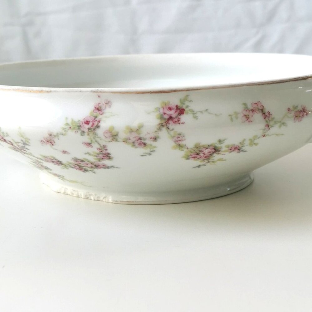Antique Silesia Handled Oval Serving Bowl Pink Roses Floral Crown Mark 1900-1920